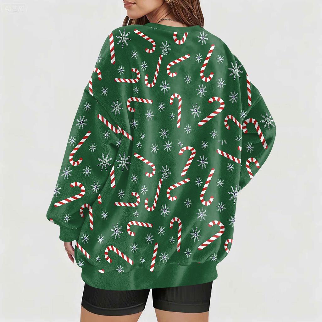 Women's Fashionable V-neck Christmas Printed Long Sleeved Casual Pullover Plush Warm Pocket Sweatshirt Top