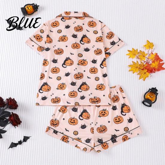 Seasonal Halloween Pajamas Pajama Sets for Women Button Down Short Sleeve 2 Fun Halloween-themed Piece Sleepwear Pumpkin Print Shirts And Shorts