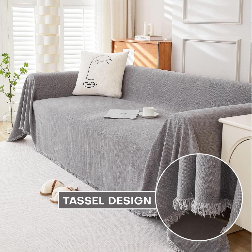 Chenille Sofa Covers Soft Washable Couch Covers for Sofa Furniture Protector Herringbone Pattern Sofa Cover with Tassel