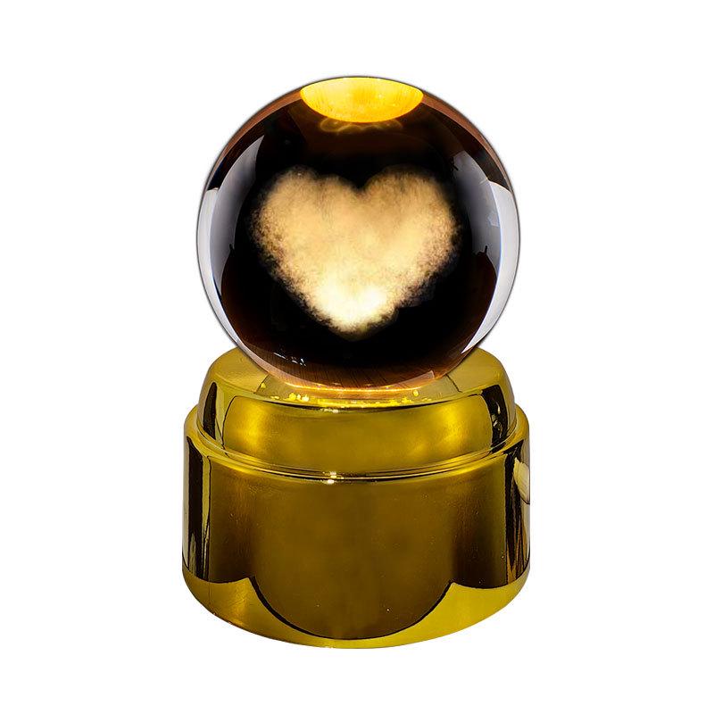 3D Carved Crystal Ball Night Light with Rotating Warm Golden Base - Starry Sky Ornament 6CM Ball + 8.5CM Rotating Gold Plastic Base