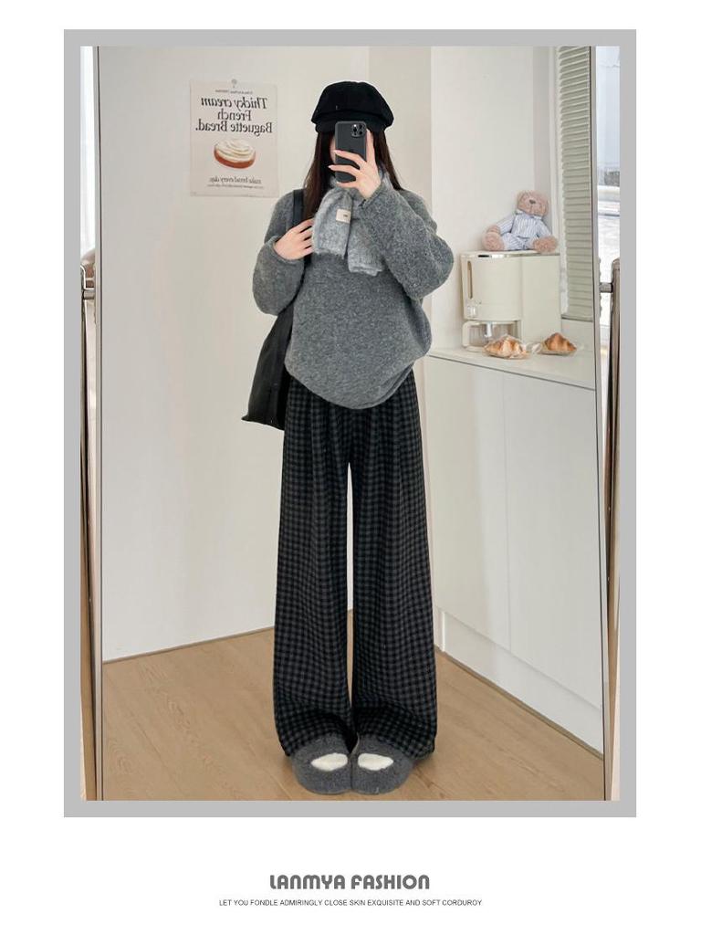 Korean Retro High Waist Plaid Wool-Blend Fleece Lined Wide-Leg Pants XS