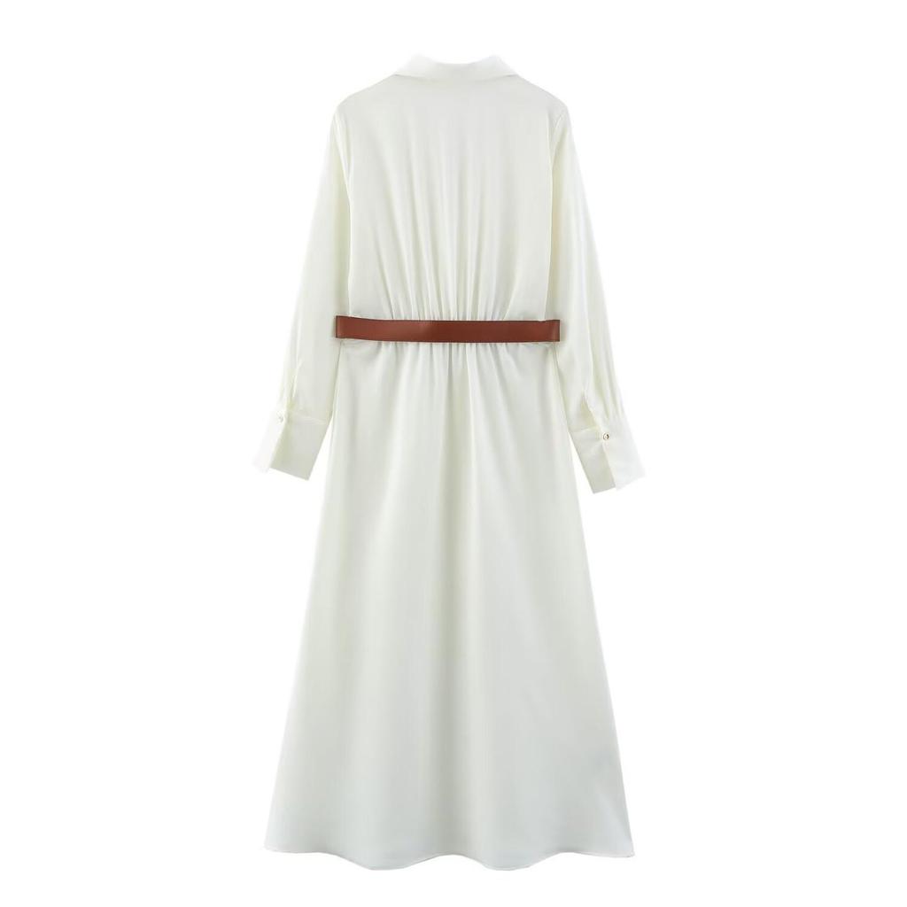 TAOP&ZA Damen Sommer Seidensatin Langarmkleid mit Gürtel