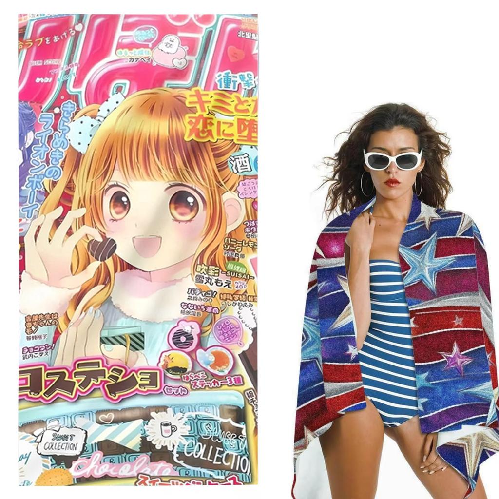 1pc Japanese Cute Anime Girl Magazine Print Microfiber Beach Towel Quick Dry Absorbent Sand Free for Beach Bathroom Accessories