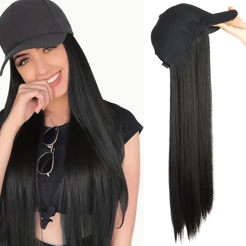 Elegant Long Straight Synthetic Wig With Adjustable Baseball Cap High Temperature Fiber Comfortable Fit For Daily Casual Wear