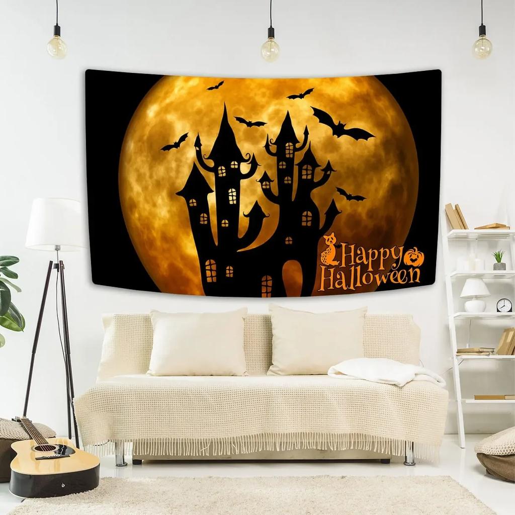 Happy Halloween Decorative Tapestry Bat Pumpkin Print Wall Hanging Carpet Party Background Fabric Home Room Decoration