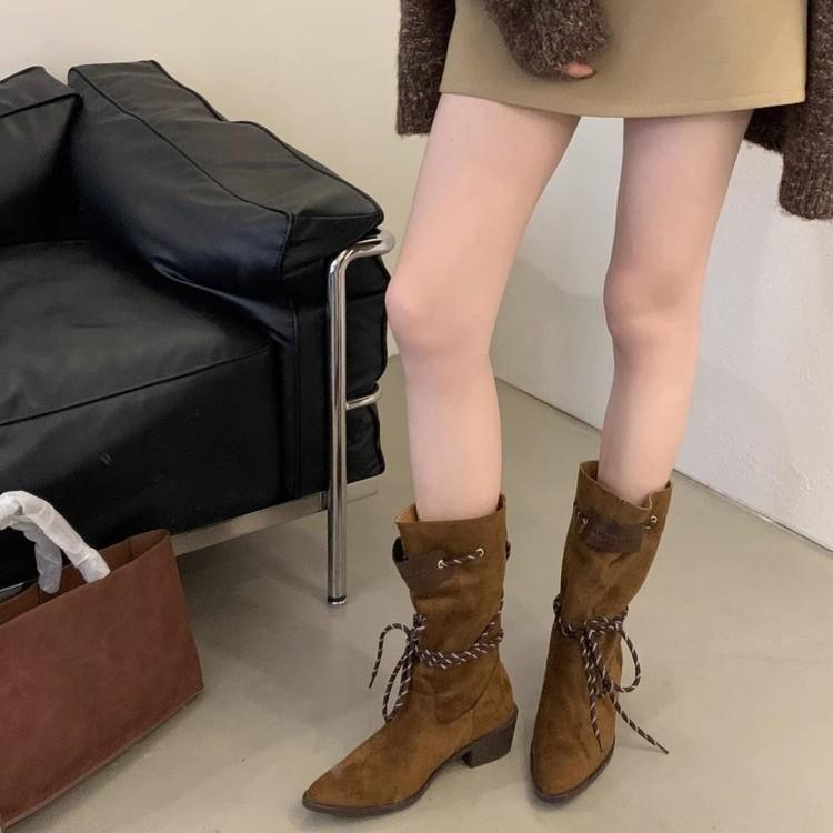 Retro Thick Heel Brown Suede Medium Tube Stacking Boots Women's 2025 New Temperament Thin Single Boots Thick-soled Western Boots