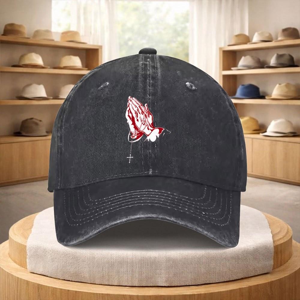 Praying Hands Cross Washed Denim Baseball Cap Adjustable Strap Vintage Streetwear Hat