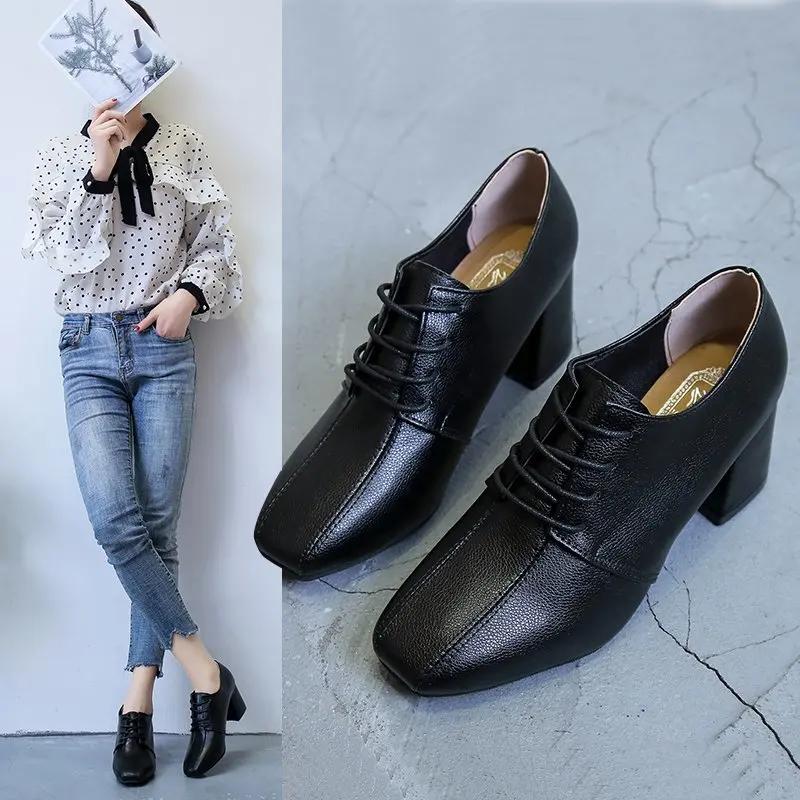 Fashion Leather Soft Leather High Heels Women's Single Shoes British Style Retro Deep Cut Square Toe Lace Up  2024