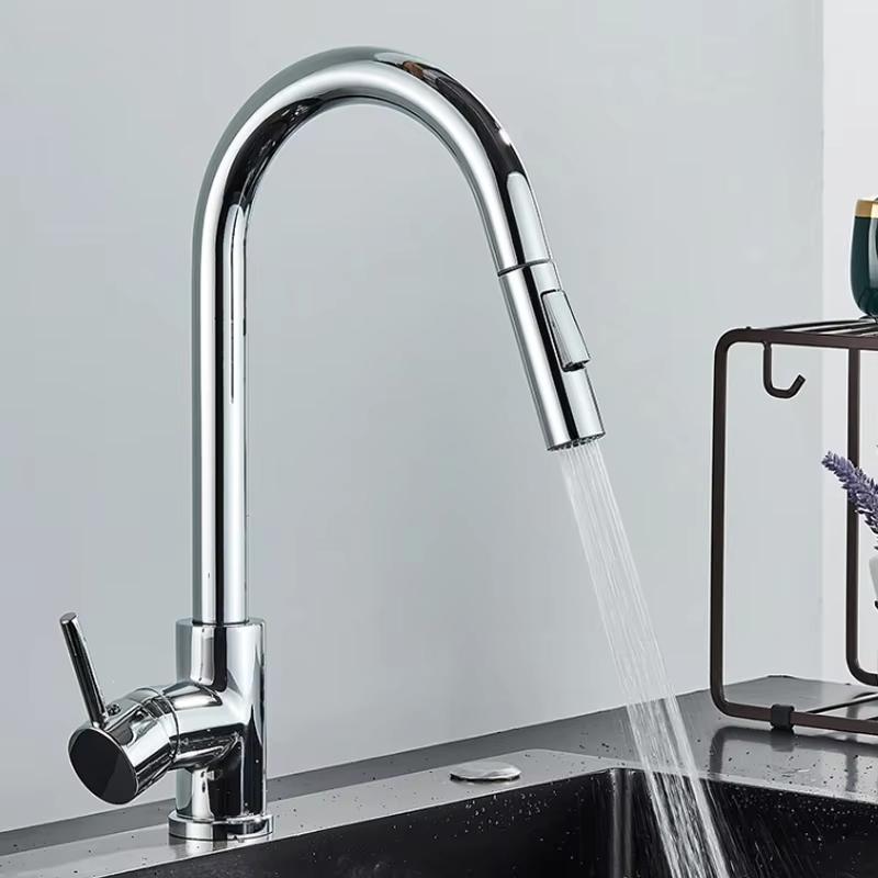 Modern Kitchen Faucet, 360° Rotating + Dual Spray Modes, 304 Stainless Steel, Brushed Finish, Black/silver Accessories.