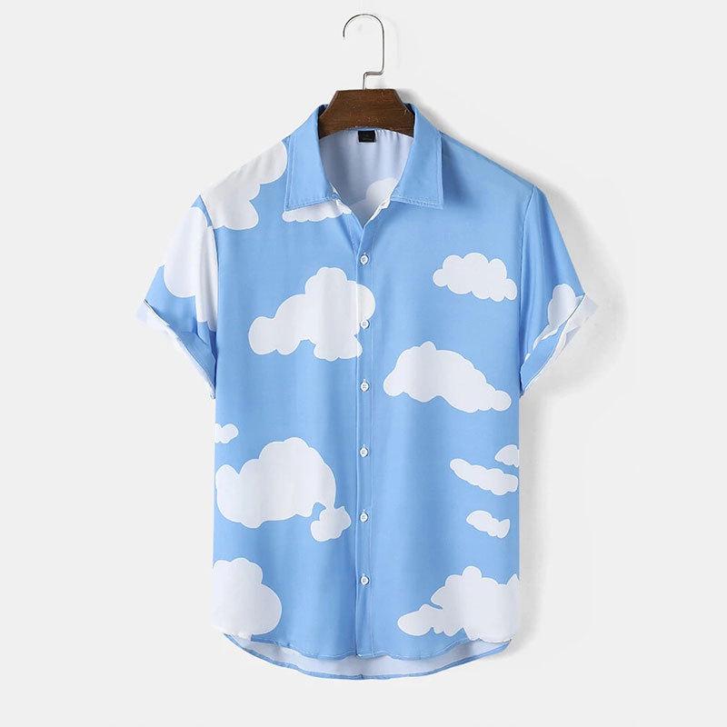 2026 Herren Hemd mit Wolkenmuster: Lässiges kurzärmeliges Sommer-Revers-Streetstyle XXXL hellblaue