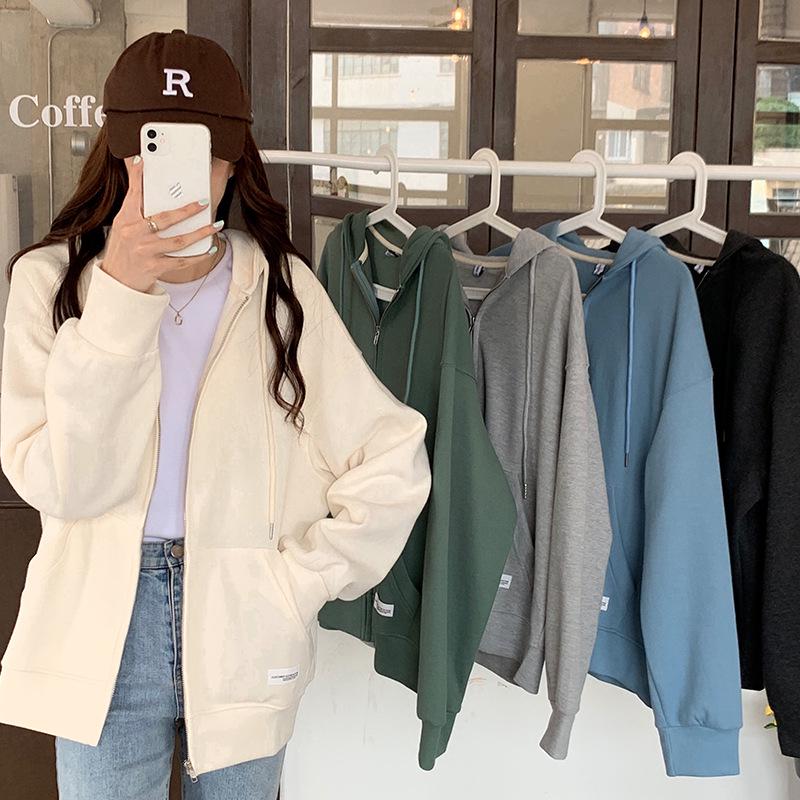 Women's Korean-Style Hooded Cardigan Sweatshirt - Lightweight, Loose Fit, with Drawstring, Ideal for Spring and Autumn Casual Wear.