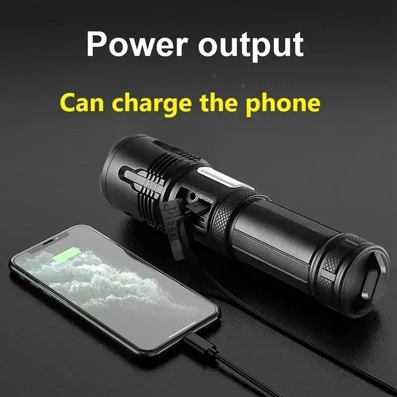 High Brightness XHP70 Powerful Led Flashlight Power Bank Torch Light USB Rechargeable Camping Tactical Flashlight with COB Lamp