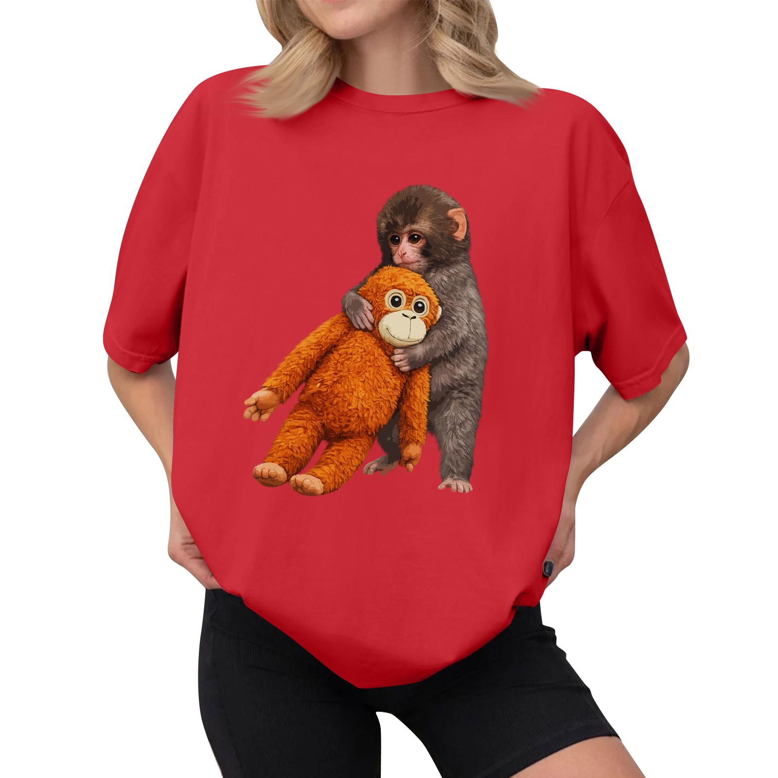 

Women s Casual Printed T-Shirt Round Neck Pullover Short Sleeve Top M червоний