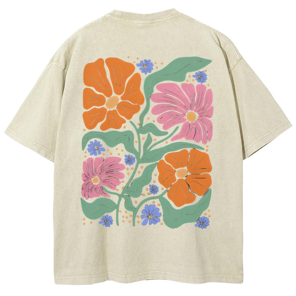 Colorful Hand Painted Flower Print Women's T-Shirt Loose Wash Fashion Short Sleeve Summer High Quality Cotton Top