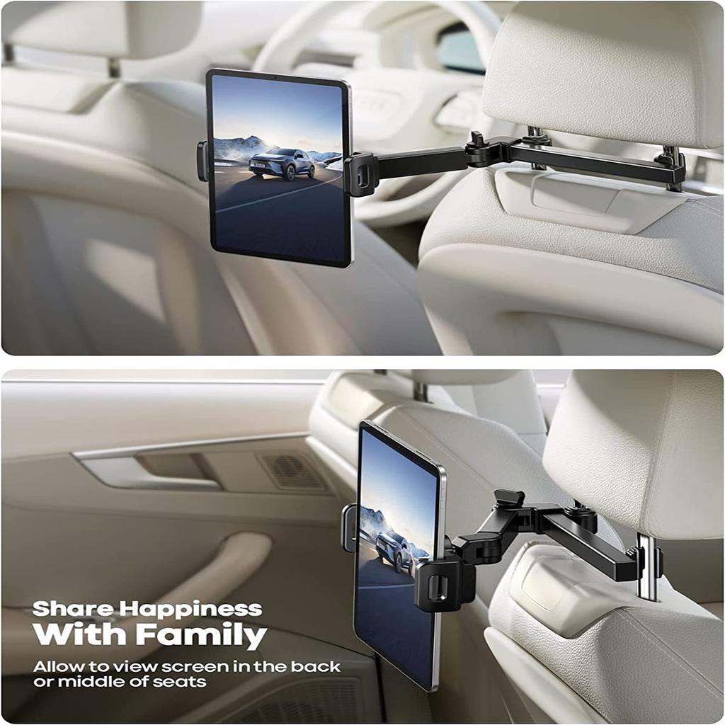 Universal Car Headrest Tablet & Phone Mount - 360° Swivel, Customizable Angles, Stretchable Gooseneck - Securely Holds IPad, IPh