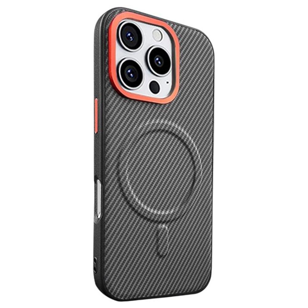 

Чехол для iPhone 16 Pro Max с поддержкой MagSafe, текстура углеродного волокна, ПУ+ПК+ТПУ, чехол для телефона с металлическим ободком для объектива Black