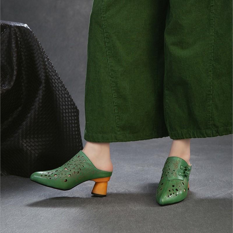 Johnature Genuine Leather Retro Ethnic Style High Heels Pointed Toe Slippers Versatile Women's Shoes