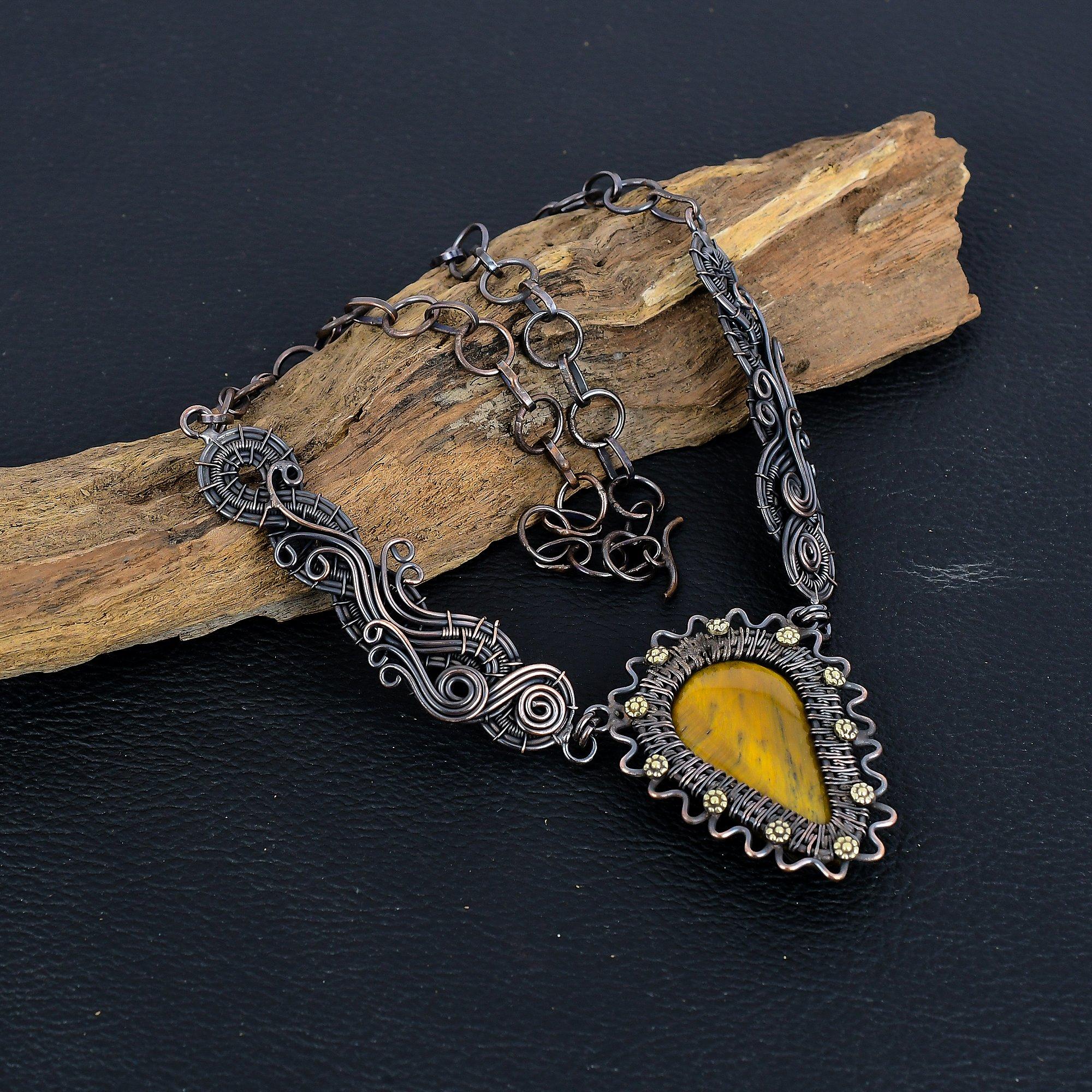 

Ожерелье из тигрового глаза, обернутое медной проволокой 999 пробы, регулируемое, цепочка, ручная работа, драгоценный камень, подарок для мамы, антикварные украшения