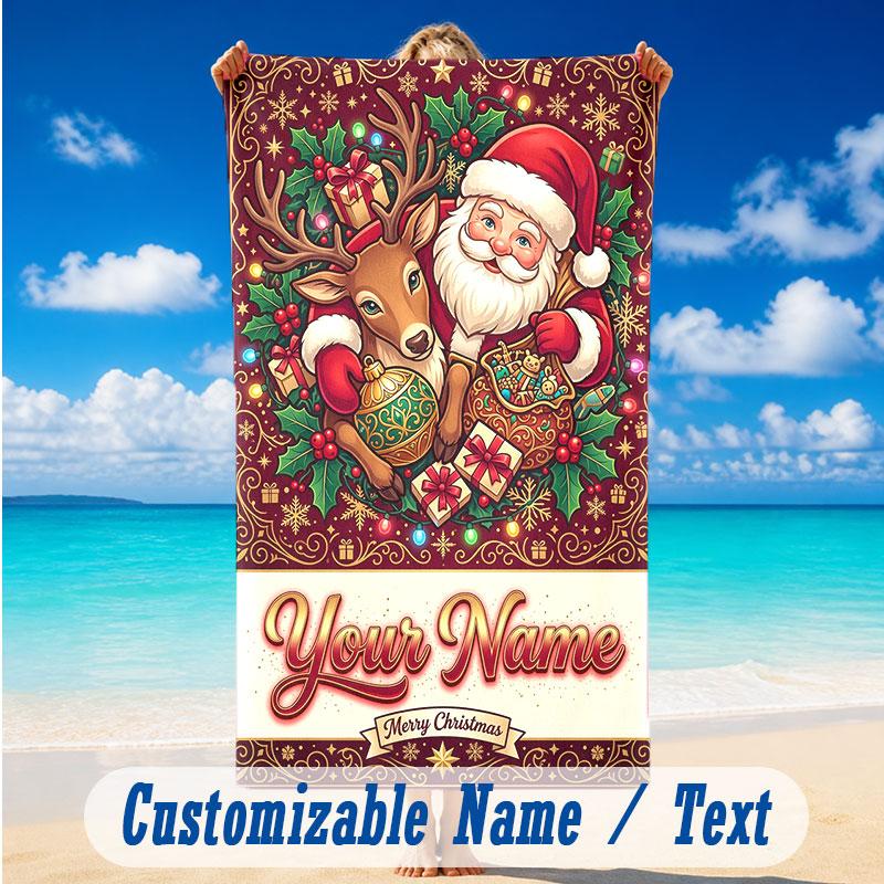 Christmas Theme Beach Towel Personalized Custom Name & Text Soft Quick Dry Beach Towel for Swimming Travel
