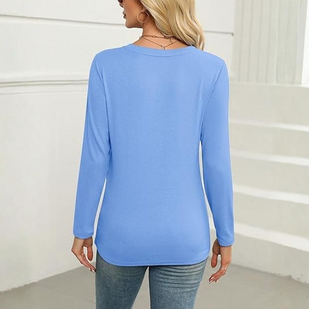 Women's   Fashion Casual Solid Color  Zipper V-Neck Long Sleeve Shirt Tops