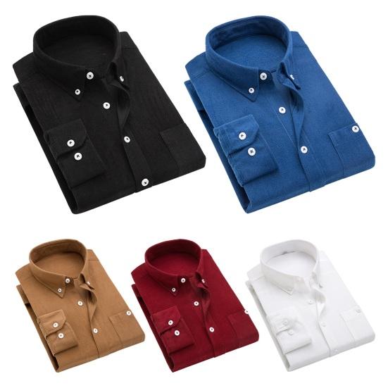 Männer Slim Fit Cord Hemd Revers Langarm Hemd Tops Einfarbig Taschen Casual Hemd Büro Arbeitskleidung