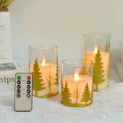 3-Pack Acrylic LED Candles with Branches and Pine Trees Sticker Electronic Candles with Remote Control for Party Supplies Decor