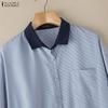 ZANZEA Women Casual Splice Turn Down Collar Long Sleeve Stripe Blouse