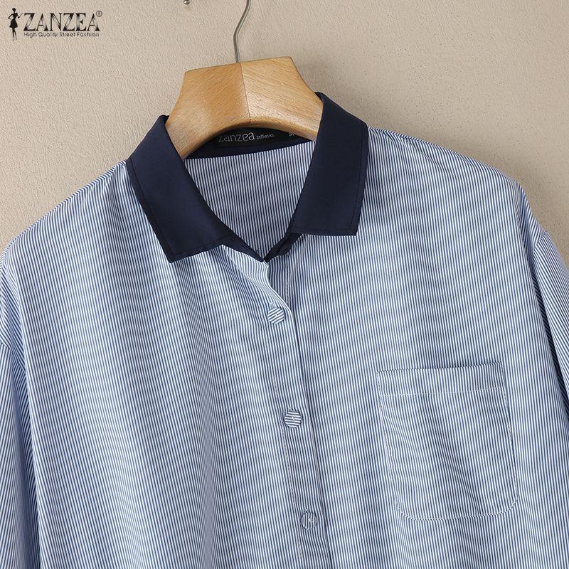 ZANZEA Women Casual Splice Turn Down Collar Long Sleeve Stripe Blouse