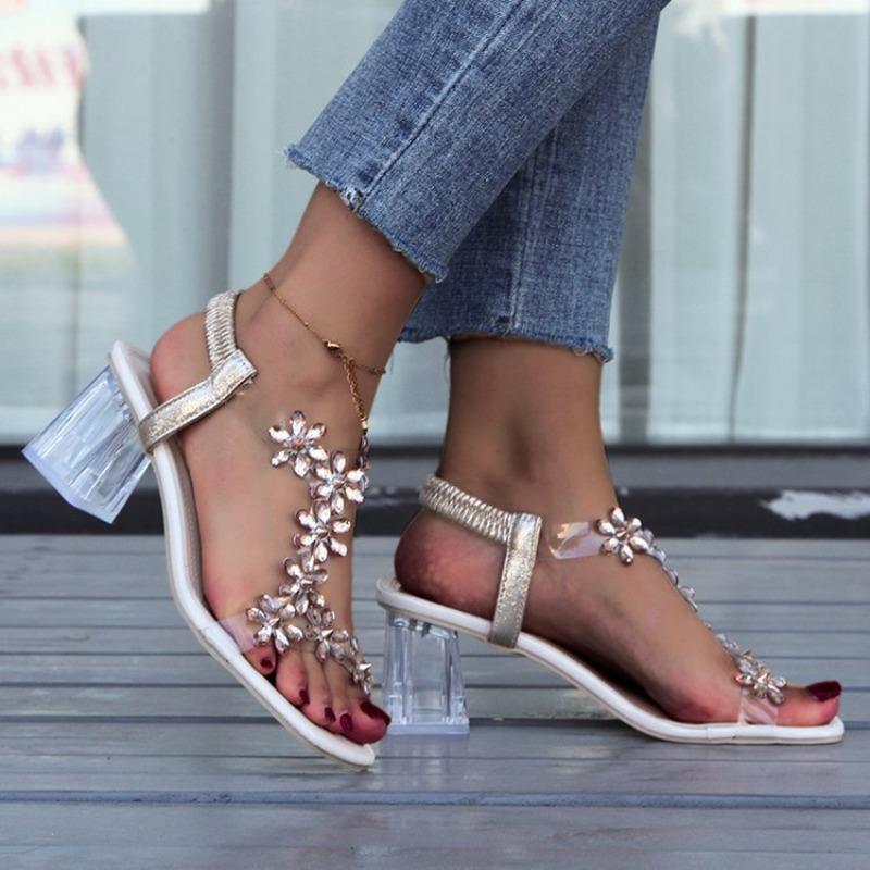 Women's Plus Size Square Toe Sandals, Rhinestone Butterfly Decor Transparent Crystal Chunky Heel Elegant Daily Footwear