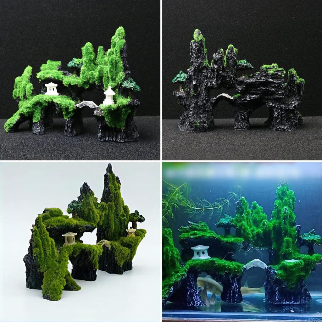 Charmoon Aquarium Rock Mountain Moss Lantern Hideout Shelter Stylish Model Figurine Ornament (Green)
