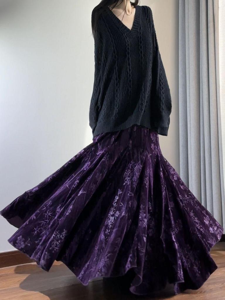 Elegant Chinese Style Velvet Fishtail Skirt - High Waist Autumn/Winter Fashion with Large Hem
