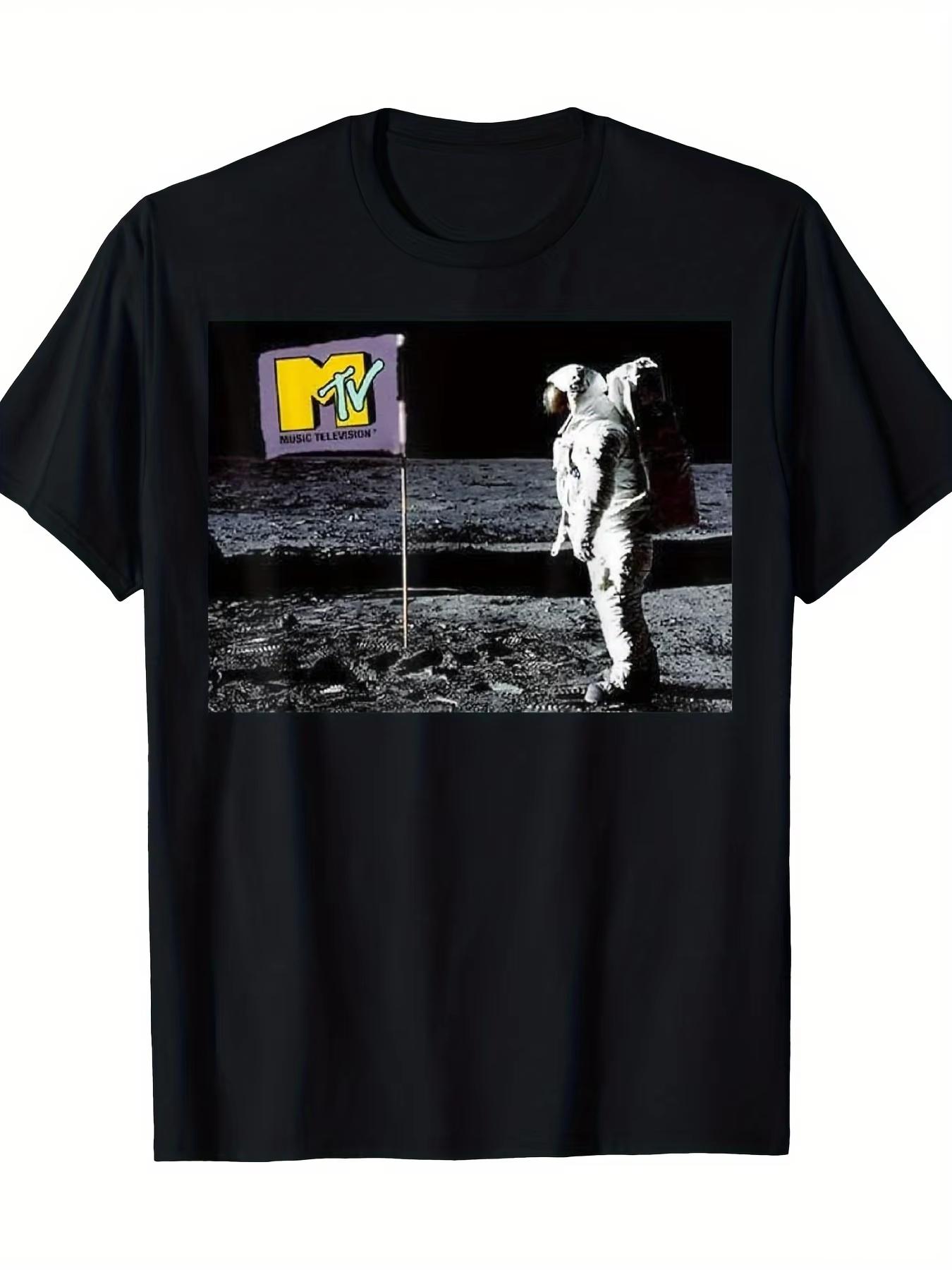Mens Retro MTV Moon Pattern Tshirt  Retro Astronaut Moon Landing Theme Shortsleeved Top with MTV Logo S