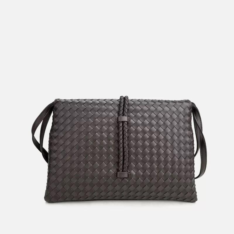 Womens Genuine Leather Woven Clutch Shoulder Bag With Flap Crossbody Evening In Black Coffee Burgundy Sage Caramel