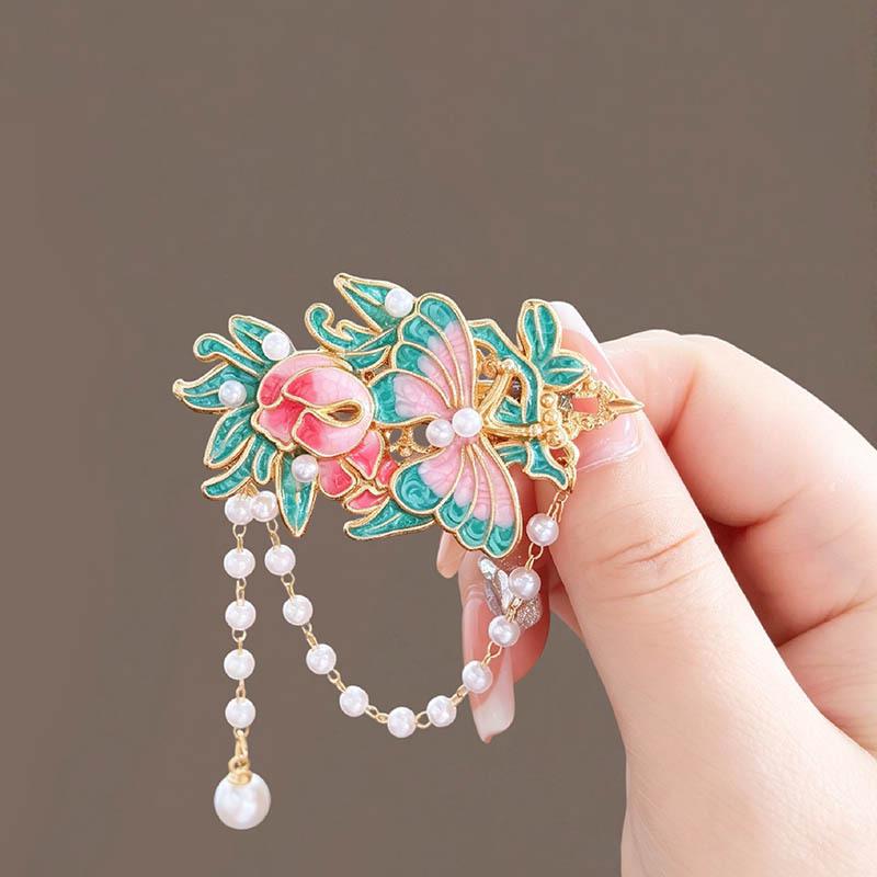 Elegant Chinese Butterfly Flower Tassel Hair Clip for Hanfu & Qipao