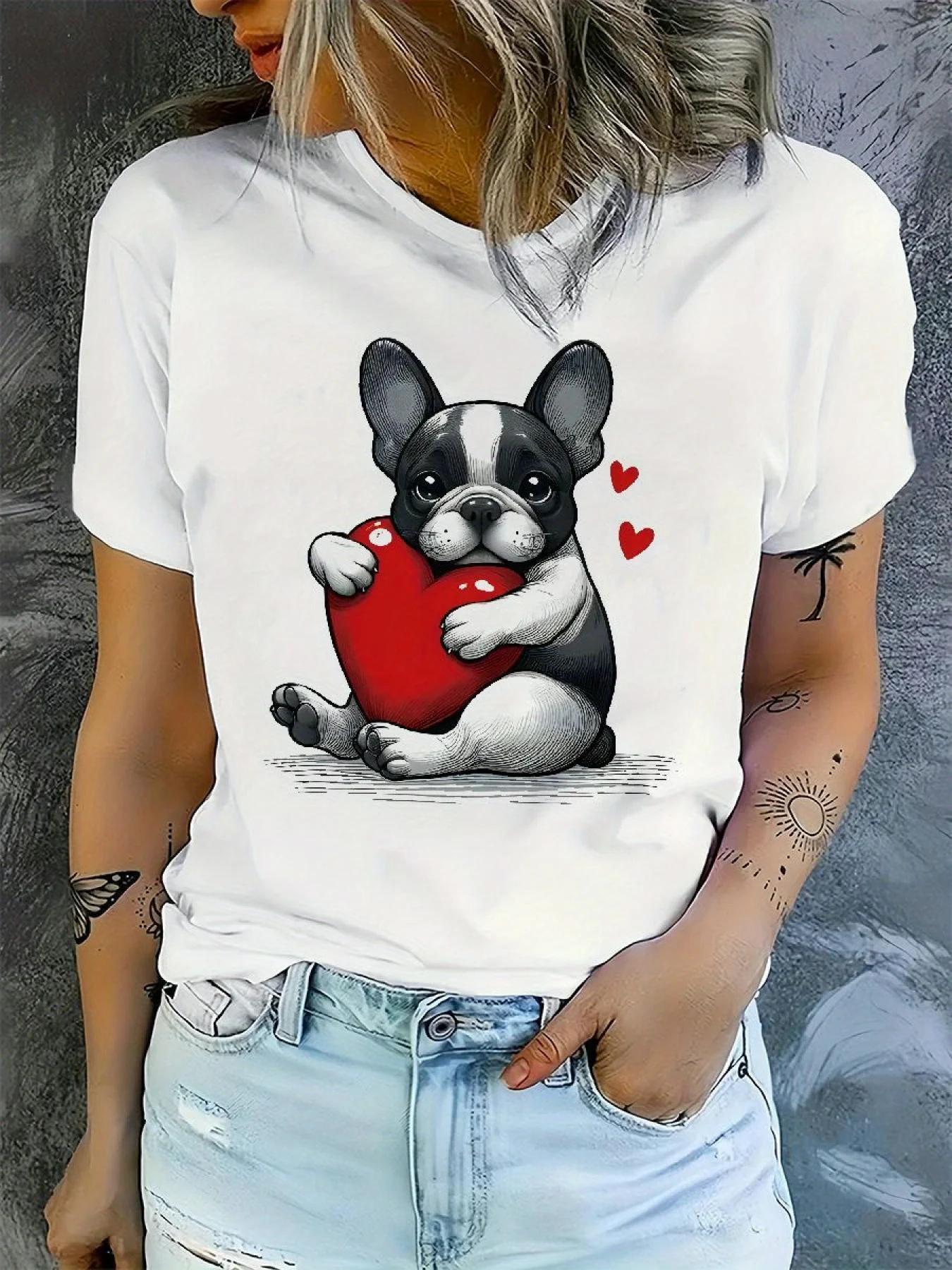 Cute Dogs and Love Graphic Printed Tshirt Women Clothes Casual Short Sleeve Tshirts Fashion Summer Women Clothing S