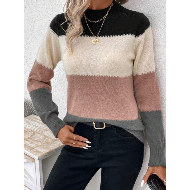 Women S Color Block Pullover Round Neck Long Sleeve Knit Sweater Casual Top