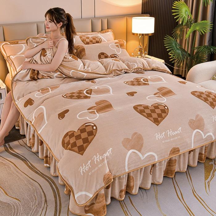 Thickened Milk Fleece Four-Piece Coral Fleece Quilt Cover, Bed Sheet Fleece Double-Sided Fleece Flannel Bedding, Bed Skirt