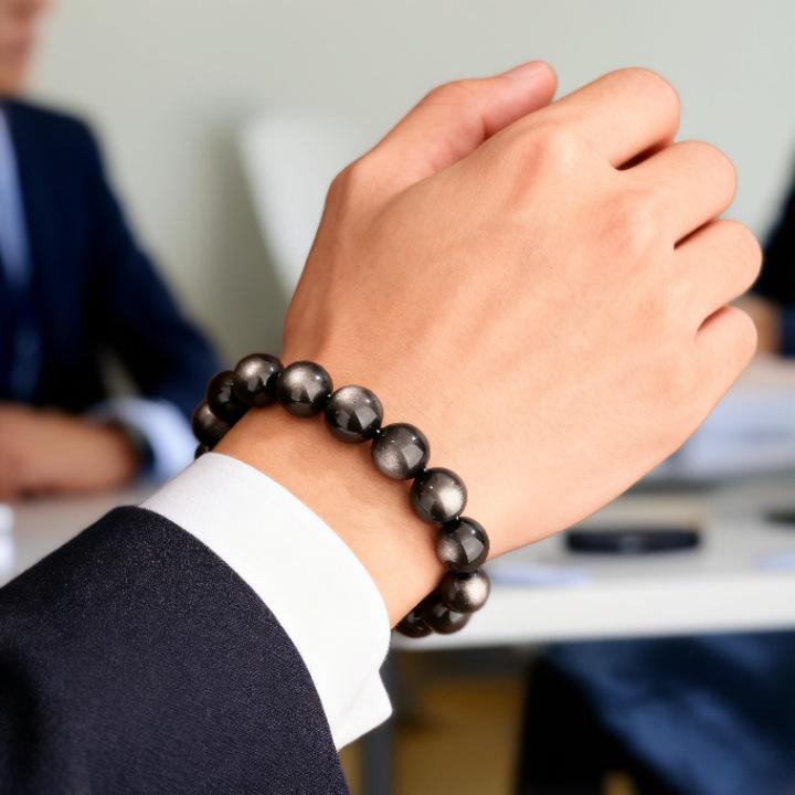 Серебряный и черного обсидиана парный браслет Год Лошади: Привлекайте Богатство, Успех и Удачу