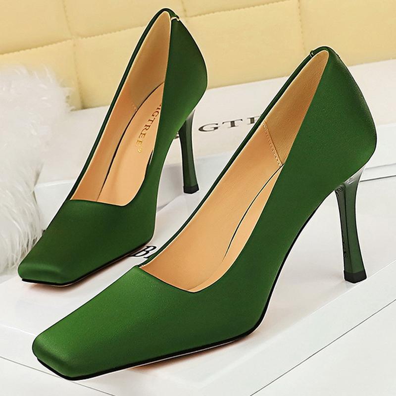 2025 Spring New Women Pumps Silks Satins High Heels Women 8.5 Cm Stilettos Square Toe Ladies Heels Versatile High-heeled Shoes