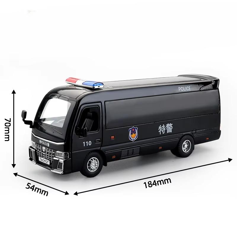 1:32 Scale Coaster Business Bus Model Toy Car Diecast Metal Sound Light Pull Back Police Vehicle Models Toys Gifts for Boys