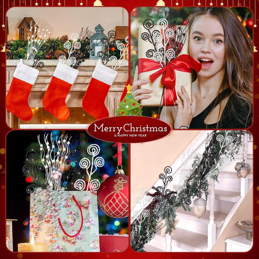 36 Pcs Black White Christmas Tree Picks, 17'' & 12'' Glitter Berry Branches for Wreath, Vase, Home Decor