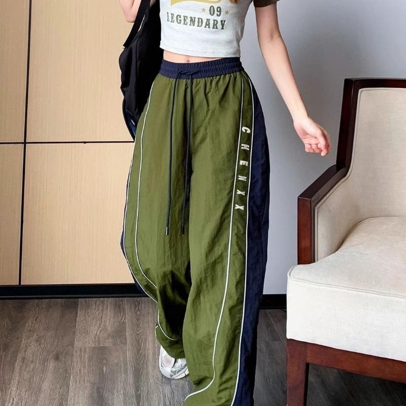Vintage Trend Summer Pants Women Elastic Waist Drawstrin Letter Contrast Color Patchwork Korean Loose Wide Leg Cargo Trousers