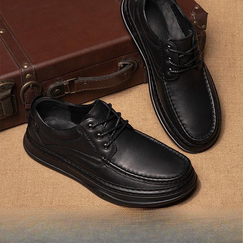 Genuine Leather Men's Leather Shoes Men's Cowhide Business Casual Shoes Round Toe Toe Shoes Soft Soled Thick Soled Shoes One Foot Men's Shoes