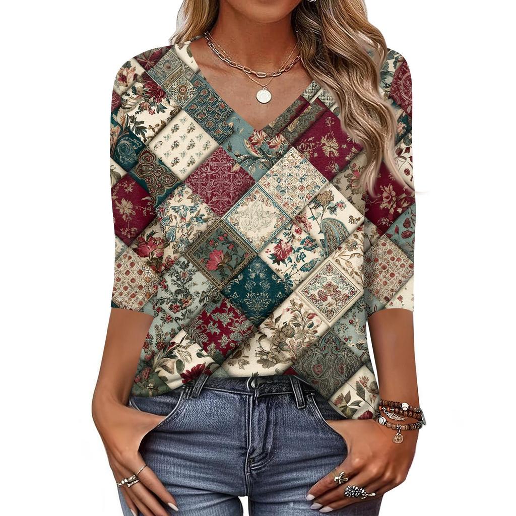 Dámské tričko s potiskem 3/4 rukáv denní víkendová móda základní véčkový výstřih běžný top