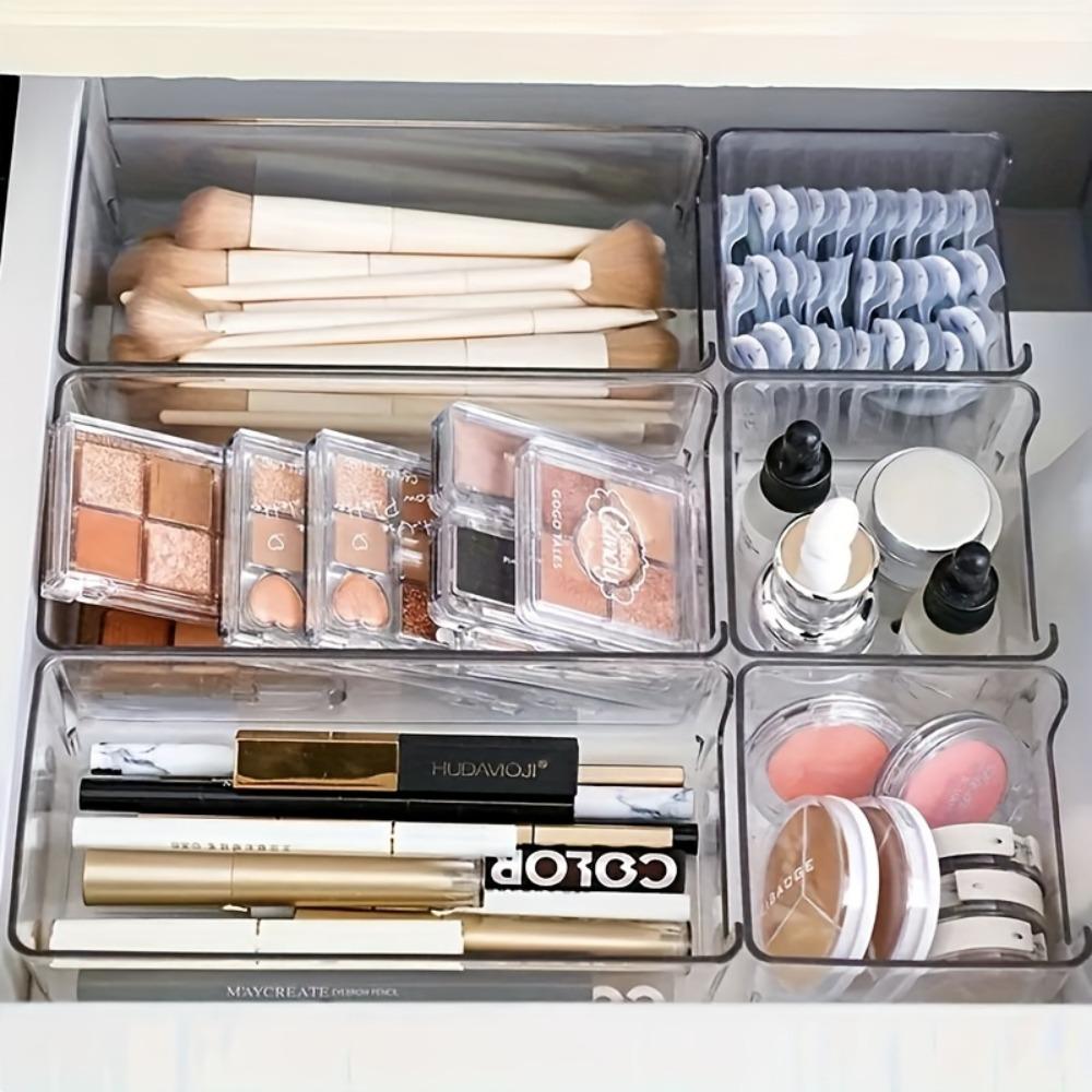7pcs Clear Plastic Makeup Organizer for Countertop Stackable Drawer Dividers for Cosmetics Office Supplies Desk StorageOrganizer
