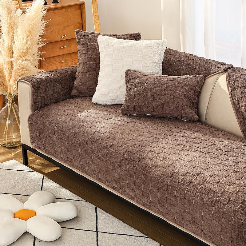 Solid Color Sofa Cushion Cover, Cover Cloth Towel, Simple and Fashionable, Winter Short Plush, Thickened, Non-slip Warm
