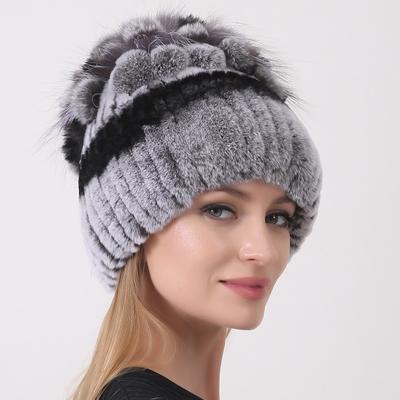 Pelz Hüte für Frauen Winter Echte Rex Kaninchen Hut Fuchs Pelz Kniting Weibliche Warme Schnee Kappen Damen Elegante Prinzessin Beanies kappe