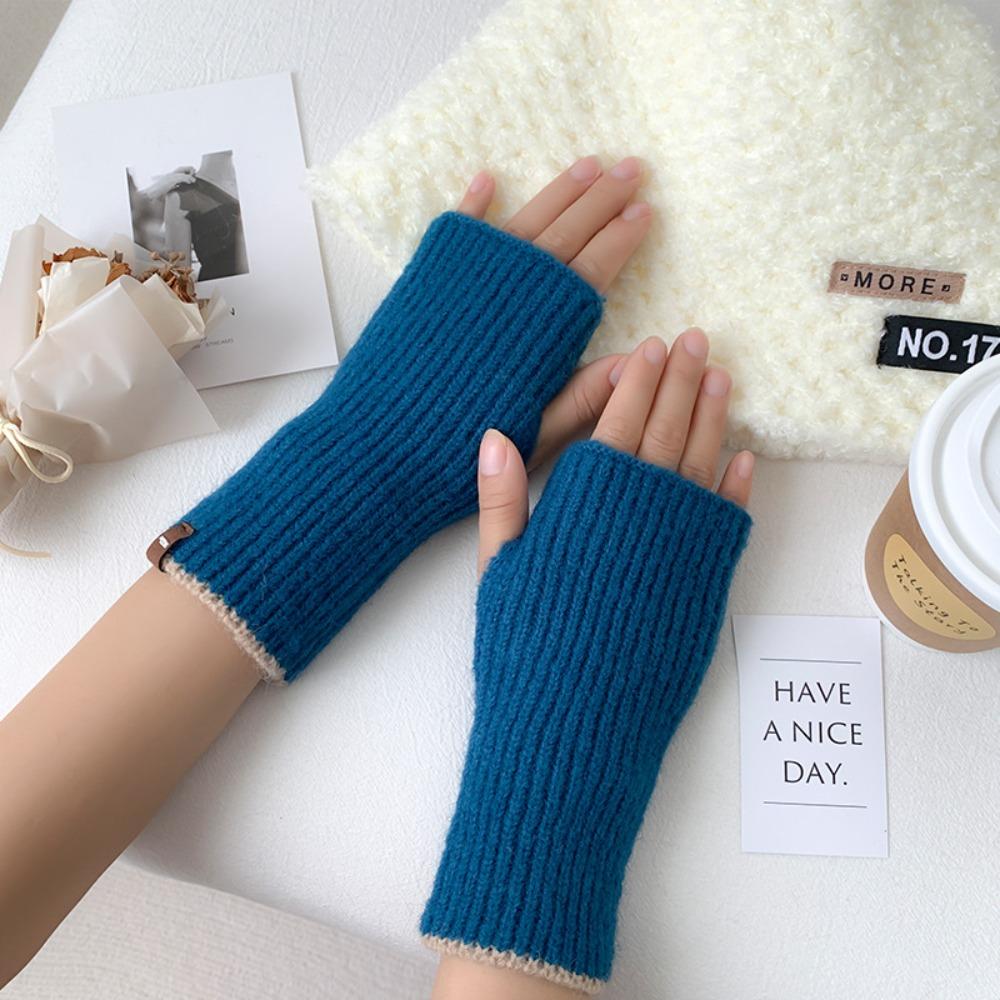 Cute Knitted Warm Half Finger Knitted Gloves Fingerless Solid Color Winter Fingerless Gloves Cashmere Thumb Hole Short Gloves