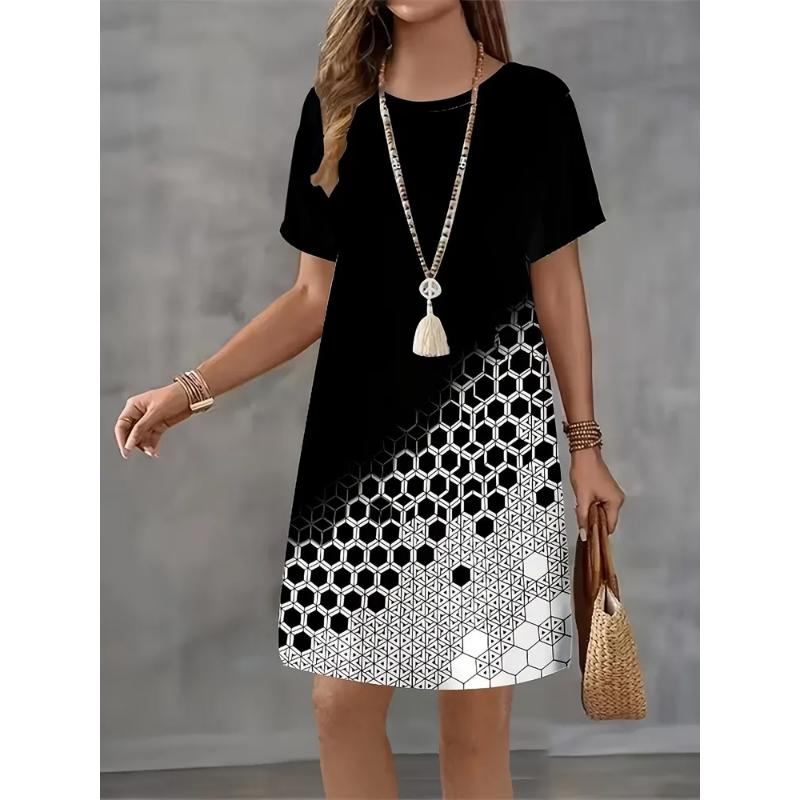 Fashion Women s Crew Neck Dress 3D Casual Color Printing Casual Dress Crew Neck Dress S
