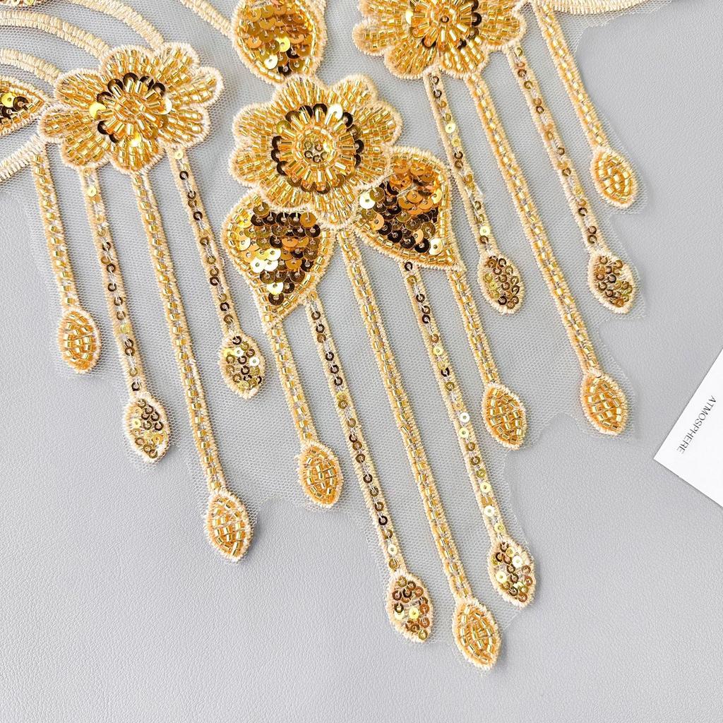 Gold Heavy Industry Beaded Sequins V-Neck Embroidered Decal Dress Performance Dress Decorative Front Neck Cloth Stickers Accessories